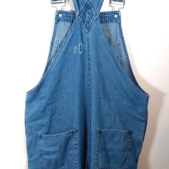 Agapo Embroidered Denim Overalls Small Metal Buttons Capri Pockets Distressed - Picture 2 of 12